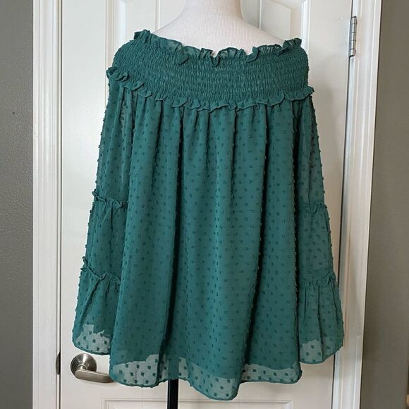 Entro Green Off Shoulder Blouse Swiss Dot Cropped Sleeves - Picture 8 of 11